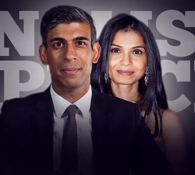 Rishi Sunak and Akshata Murty smiling side by side with the words “ENGLISH SPEECH” in the background.