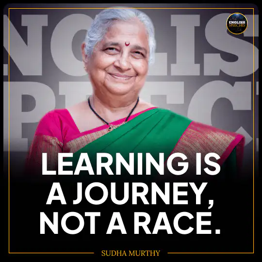 Elderly woman in a green and pink saree smiling, with the quote "Learning is a journey, not a race." and the name "Sudha Murthy" below.
