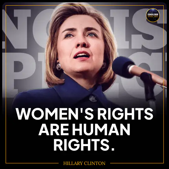 Woman speaking at a podium with the quote “Women’s Rights Are Human Rights” displayed across the image.