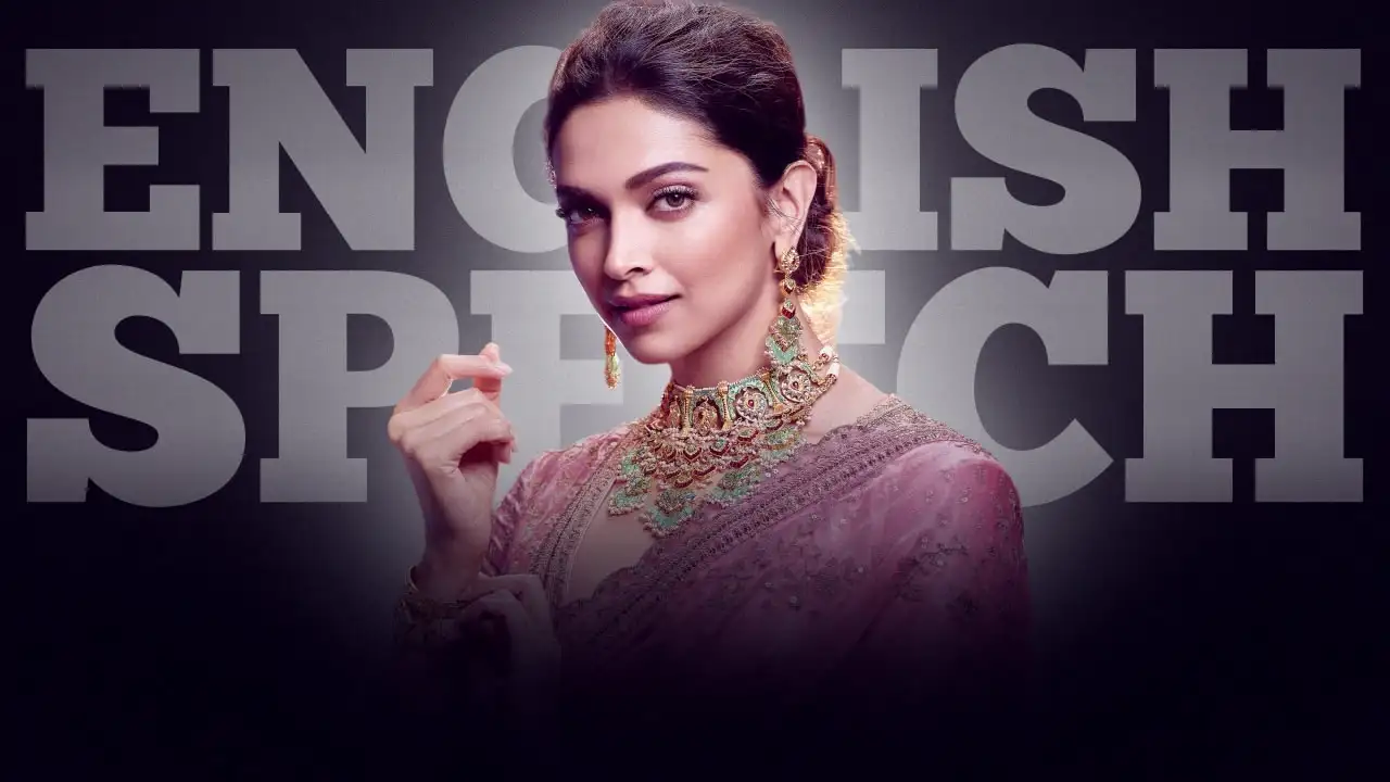 Woman in a traditional pink outfit posing in front of large text that reads “English Speech.”