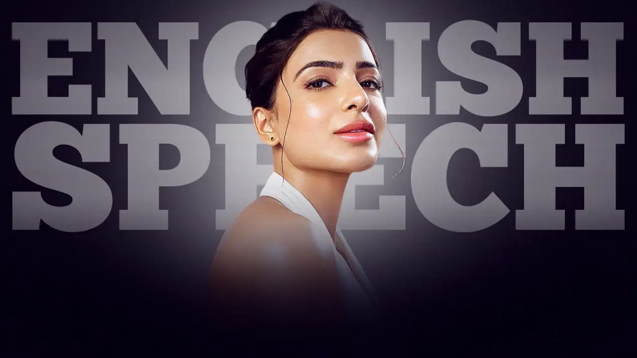 Portrait of a woman in front of the words "ENGLISH SPEECH" in bold letters.